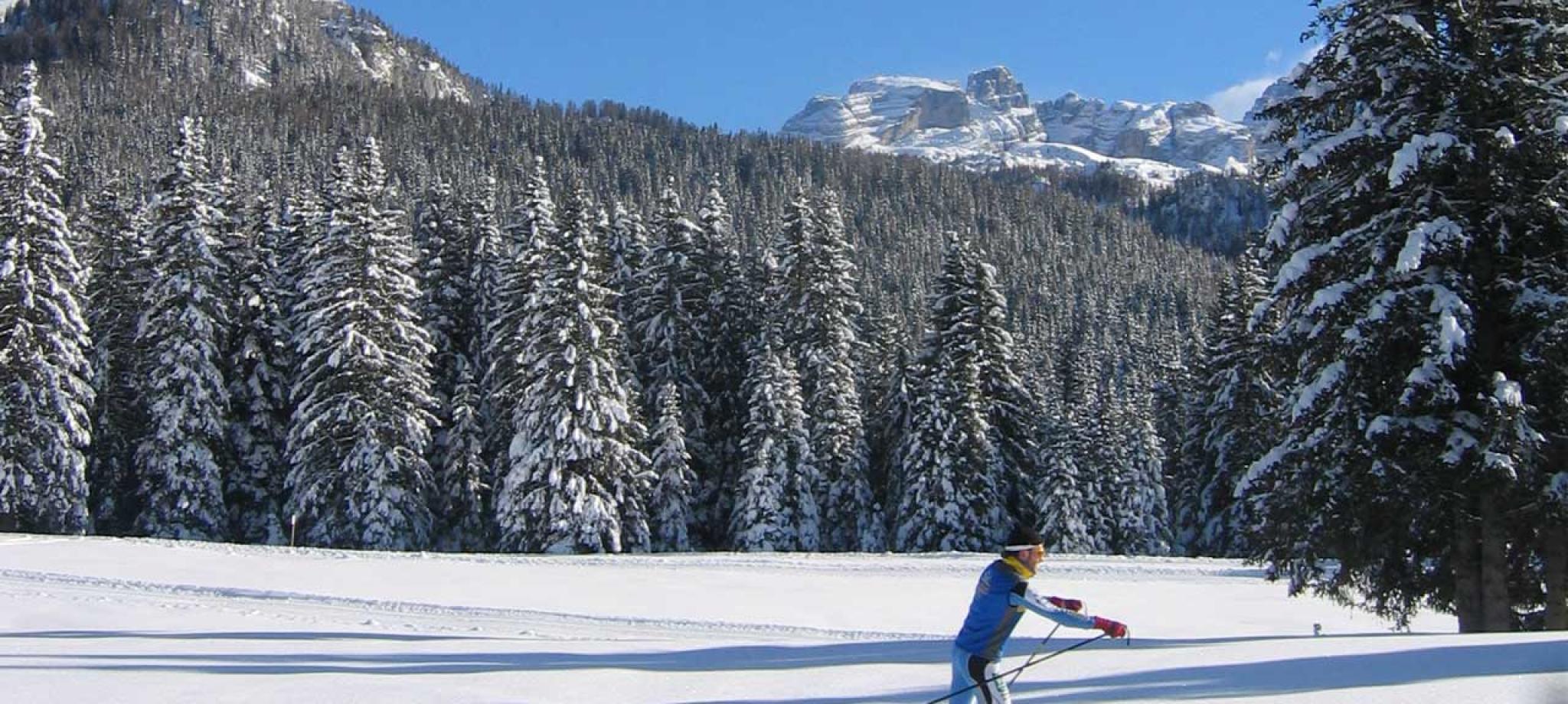 Sciatore su percorsi da fondo sulle nevi di Madonna di Campiglio
